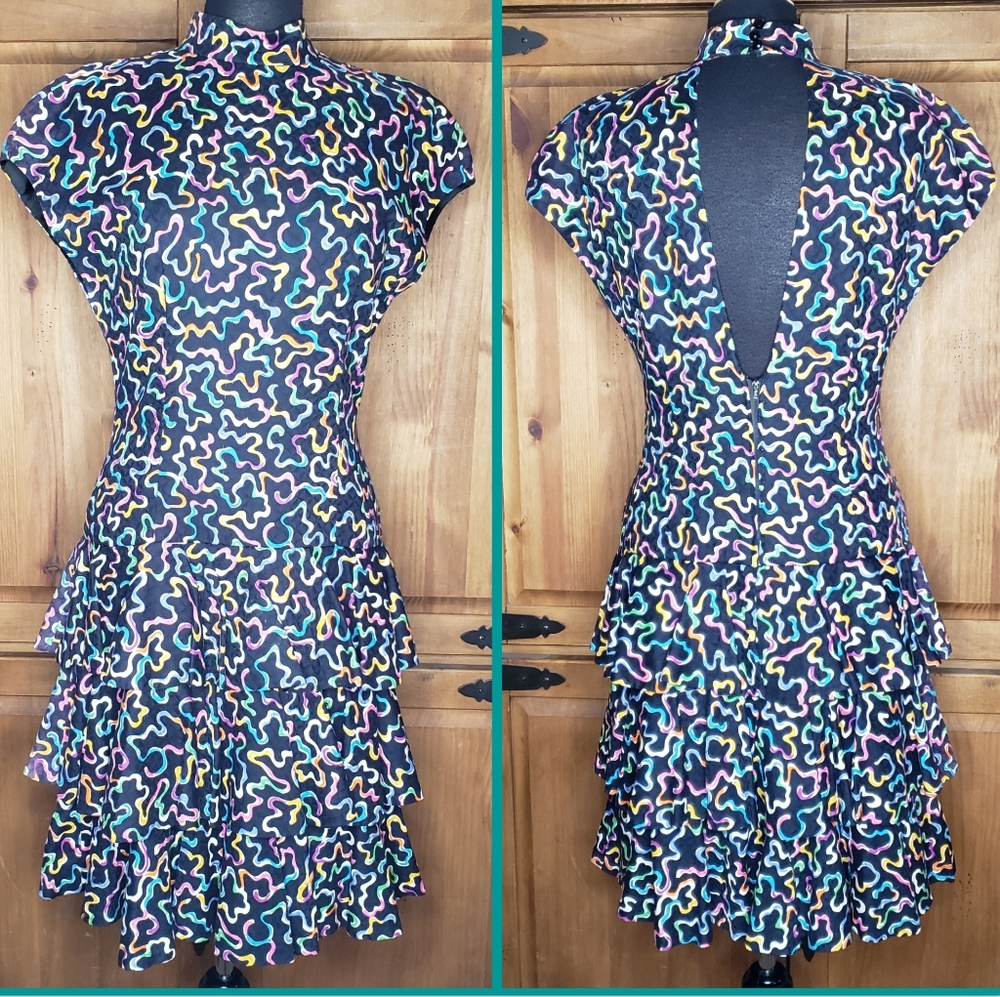 Vintage A.J Bari Tiered Skirt Ribbon Print Dress